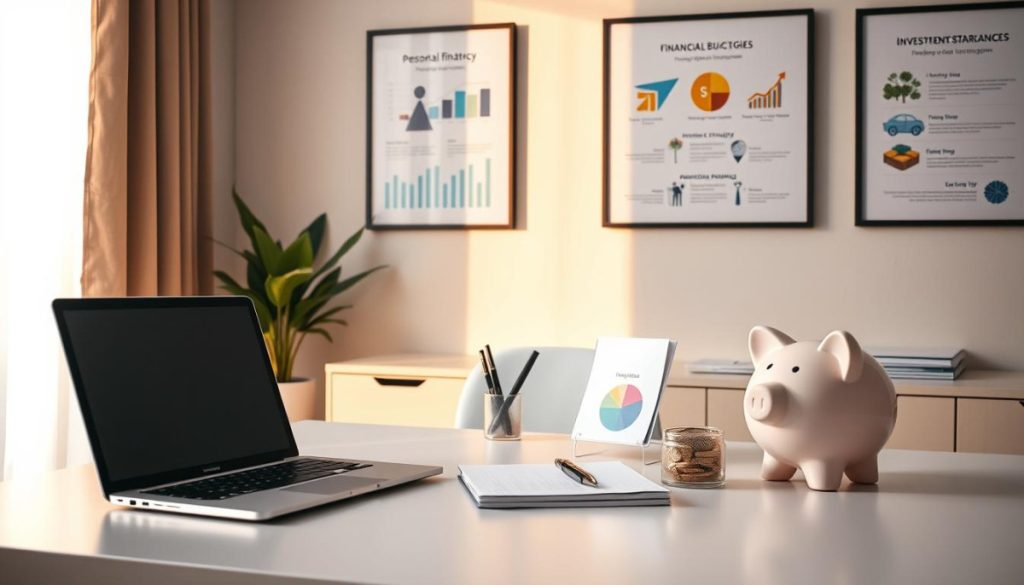 A Well-Lit, Modern Office Workspace With A Sleek, Minimalist Desk. On The Desktop, A Laptop, A Stylish Pen Holder, And Several Financial Education Tools - A Personal Finance Handbook, A Budgeting Planner, And A Piggy Bank. The Walls Feature Framed Infographics On Investment Strategies And Savings Tips. Warm, Natural Lighting Illuminates The Scene, Creating A Calm, Productive Atmosphere. The Overall Composition Conveys A Sense Of Organization, Control, And A Commitment To Financial Literacy.