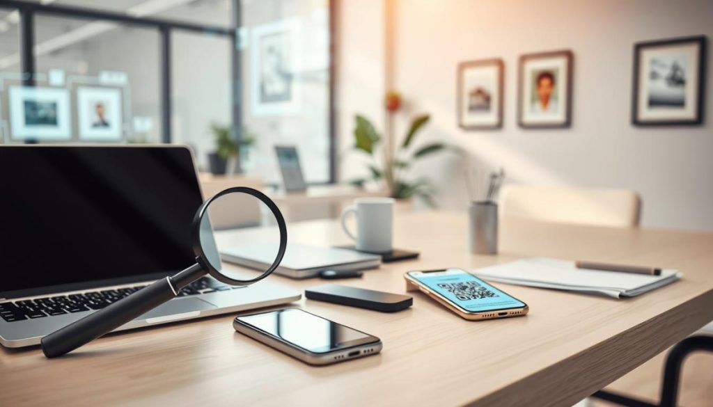 A Well-Lit Office Workspace, With A Desk Featuring A Laptop, Smartphone, And Various Digital Tools For Content Verification, Including A Magnifying Glass, A Qr Code Scanner, And A Document Comparison App. The Tools Are Arranged Neatly, Conveying A Sense Of Organization And Professionalism. The Background Depicts A Clean, Modern Environment With Subtle Hints Of Technology, Such As A Holographic Display Or Digital Frames. The Lighting Is Warm And Natural, Creating A Welcoming And Productive Atmosphere. The Overall Scene Reflects The Importance Of Using Reliable Tools To Ensure The Authenticity And Integrity Of Digital Content.