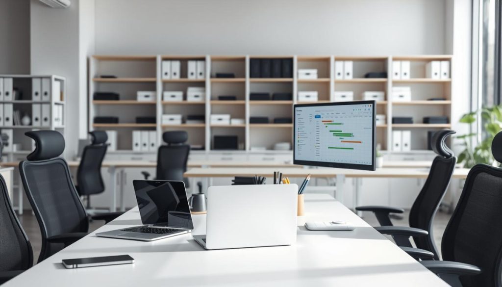 A Well-Organized Office Space With Efficient Task Grouping. The Foreground Features A Clean, Minimalist Desk With A Laptop, Stationery, And A Sleek Monitor Displaying A Gantt Chart. Ergonomic Office Chairs Surround The Desk, Creating A Collaborative Environment. The Middle Ground Showcases Neatly Arranged Shelves And Storage Units, Optimizing Workflow And Minimizing Clutter. The Background Is Bathed In Soft, Natural Lighting, Creating A Serene, Focused Atmosphere. The Overall Composition Conveys A Sense Of Productivity, Organization, And A Streamlined Approach To Task Management.