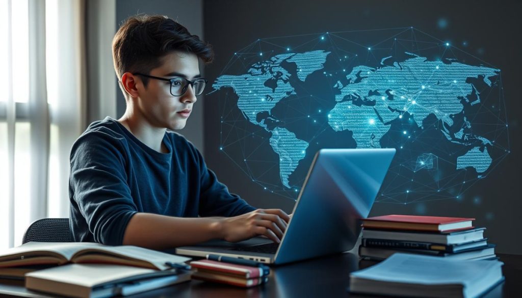 Academic Integrity In The Digital Age: A Thought-Provoking Scene With A Student Working Diligently On A Laptop, Surrounded By Textbooks And Study Materials. The Muted Lighting And Subtle Reflections On The Screen Create An Atmosphere Of Focused Concentration. In The Background, A Holographic Display Showcases The Interconnected World Of Information, Symbolizing The Challenges And Opportunities Of Academic Honesty In The Digital Landscape. The Image Conveys The Importance Of Maintaining Ethical Practices While Navigating The Ever-Evolving Technological Advancements In Education.