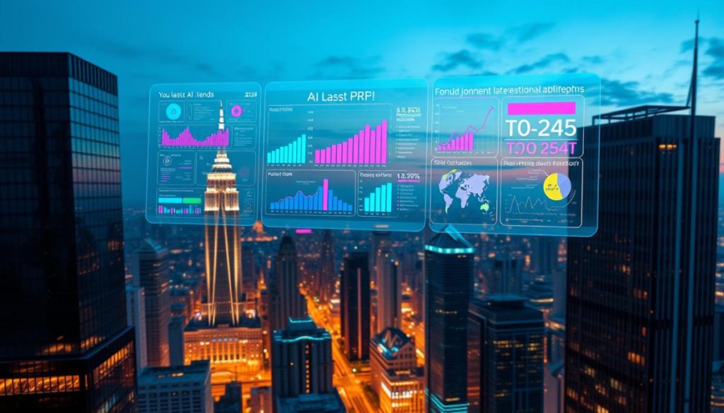 An Aerial Cityscape At Dusk, With A Futuristic Skyline Of Sleek High-Rises And Gleaming Skyscrapers, Their Windows Reflecting The Warm Glow Of The Setting Sun. Hovering Above This Urban Landscape, A Holographic Display Showcases Vibrant Data Visualizations And Infographics, Illustrating The Latest Ai And Pr Trends For The Year 2024. The Scene Is Bathed In A Soft, Cinematic Lighting, Creating A Sense Of Technological Sophistication And Forward-Thinking Innovation. The Overall Mood Is One Of Progress, Innovation, And A Glimpse Into The Future Of The Public Relations Industry.
