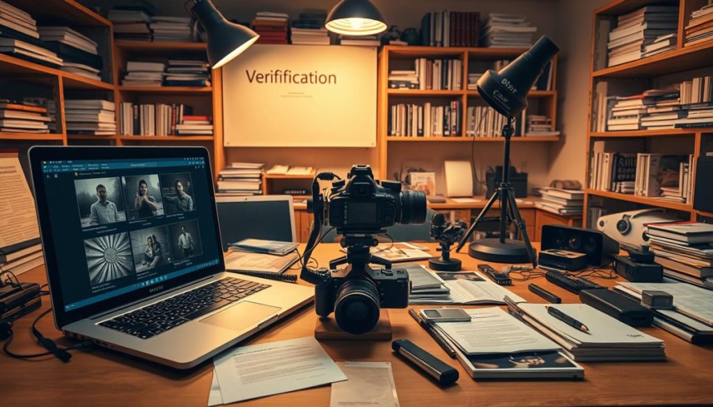 An Expansive Desktop Scene Showcasing A Meticulous Step-By-Step Content Verification Process. In The Foreground, A Laptop Displays A Series Of Authentication Checks - Watermark Analysis, Exif Data Inspection, Reverse Image Search, And Forensic Photo Analysis. Surrounding The Laptop, An Array Of Physical Media - Documents, Photos, And Devices - Undergoes Careful Scrutiny Under A High-Powered Magnifying Glass And Specialized Tools. The Middle Ground Features A Professional-Grade Camera And Lighting Setup, Capturing The Verification Workflow In Vivid Detail. In The Background, Shelves Brimming With Reference Materials And Authentication Guides Create An Atmosphere Of Diligent, Methodical Investigation. Warm, Directional Lighting Casts Subtle Shadows, Heightening The Sense Of Technical Precision. The Overall Composition Conveys A Comprehensive, Systematic Approach To Ensuring Content Authenticity.