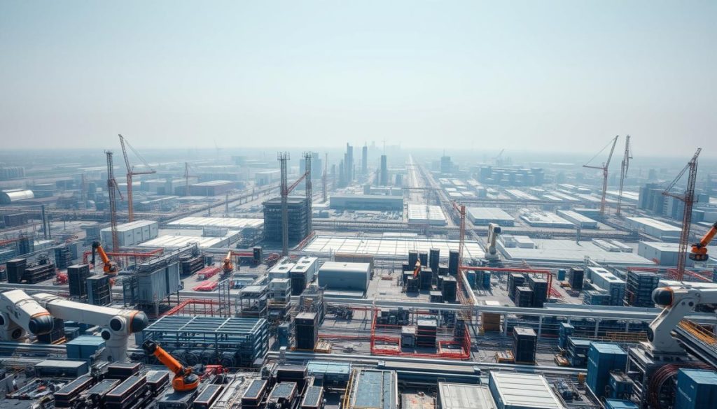 An Expansive Industrial Landscape Showcasing Cutting-Edge Smart Applications. In The Foreground, A Network Of Robotic Arms And Automated Assembly Lines Seamlessly Coordinate Intricate Manufacturing Processes. The Midground Features A Cluster Of Towering Iot-Enabled Machinery, Their Sensors And Displays Pulsing With Real-Time Data Analytics. In The Hazy Background, A Panorama Of Gleaming Factories And Sprawling Warehouses, All Interconnected By A Complex Web Of Intelligent Systems. Bright, Evenly Diffused Lighting Casts A Crisp, Technical Atmosphere, While A Shallow Depth Of Field Draws The Viewer'S Attention To The Details Of This High-Tech Industrial Ecosystem.