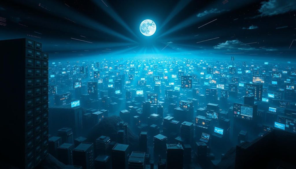 An Expansive, Technologically-Driven Landscape Showcasing The Evolution Of Data Organization. In The Foreground, A Towering Tower Of Filing Cabinets Symbolizes The Manual, Analog Era Of Document Storage. Beyond, A Sea Of Flickering Digital Screens And Holographic Interfaces Represents The Modern Age Of Machine Learning And Intelligent Classification. Rays Of Moonlight Illuminate The Scene, Casting Dramatic Shadows And Lending An Air Of Futuristic Wonder. The Composition Emphasizes The Progression From Physical To Virtual, Analog To Digital, Manual To Automated - A Visual Metaphor For The Transformative Power Of Artificial Intelligence In Revolutionizing Document Management.
