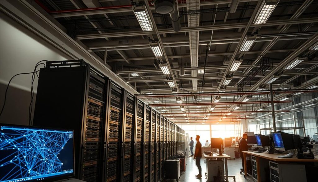 An Expansive, Well-Lit Workshop Scene Showcases The Intricate Training Process Of The Mistral Model. In The Foreground, A State-Of-The-Art Workstation Displays A Complex Neural Network Visualization, Its Nodes And Connections Pulsing With Energy. Towering Server Racks Line The Middle Ground, Their Led Indicators Flickering Rhythmically As They Crunch Terabytes Of Data. Overhead, An Array Of High-Powered Studio Lights Cast A Soft, Even Glow, Illuminating The Meticulous Attention To Detail In The Training Setup. The Background Reveals A Panoramic View Of The Bustling Research Facility, Where Teams Of Ai Specialists Collaborate To Refine And Optimize The Mistral Model'S Capabilities.