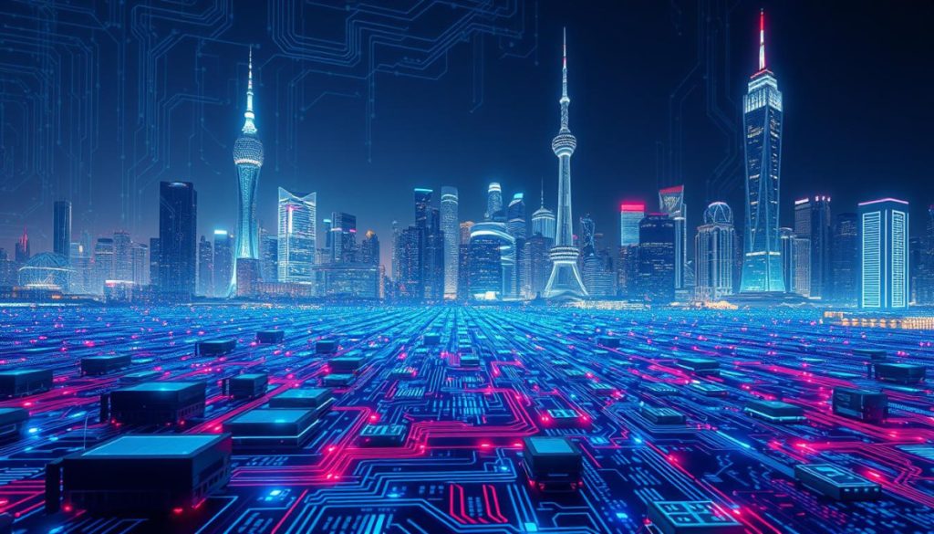 An Intricate Digital Landscape, With Interconnected Circuits And Data Streams Converging In A Mesmerizing Display. In The Foreground, Sleek Devices And Interfaces Seamlessly Integrate, Guided By The Subtle Glow Of Holographic Interfaces. The Middle Ground Features A Matrix Of Codes And Algorithmic Patterns, Pulsing With The Rhythm Of Digital Transformation. In The Background, A Cityscape Of Futuristic Skyscrapers And Glowing Towers, Their Facades Reflecting The Symbiosis Of Technology And Human Progress. Illuminated By Cool, Vibrant Lighting, The Scene Conveys A Sense Of Innovation, Efficiency, And The Boundless Potential Of Ethical Ai Deployment.