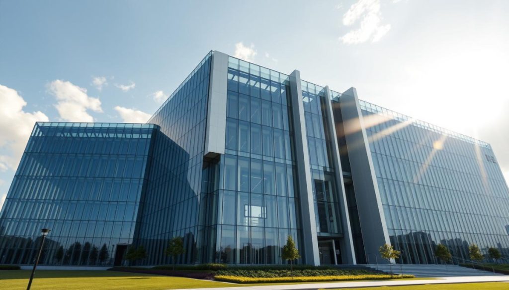 An Ultra-Modern, Minimalist Architectural Marvel, With Sleek Glass Facades Reflecting The Sky And Gleaming Steel Beams Soaring Towards The Heavens. Clean Lines And Geometric Shapes Converge In A Symphony Of Technology And Innovation. Sunlight Streams Through Vast Windows, Casting Dramatic Shadows That Accentuate The Building'S Futuristic Silhouette. Strategically Placed Lighting Fixtures Bathe The Structure In A Warm, Ambient Glow, Hinting At The Advanced Digital Capabilities Housed Within. The Structure Is Surrounded By Lush, Meticulously Landscaped Grounds, Creating A Harmonious Balance Between Man-Made And Natural Elements. An Awe-Inspiring Embodiment Of The Cutting Edge In Digital Transformation And Empathetic Media Solutions.