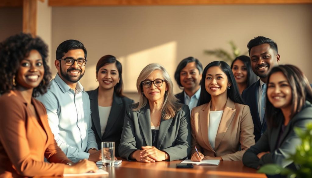 Culturally Sensitive Pr Visuals Featuring A Diverse Group Of Professional Business People In A Warm, Inviting Office Setting. The Scene Showcases A Thoughtfully Curated Mix Of Ethnicities, Ages, And Genders, Each Dressed In High-Quality, Culturally Appropriate Attire. Soft, Natural Lighting Casts A Gentle Glow, Creating A Sense Of Harmony And Collaboration. The Background Features Muted, Earthy Tones, With Subtle Cultural Design Elements That Add Depth And Authenticity. The Overall Mood Is One Of Inclusivity, Respect, And Open Communication, Reflecting The Core Values Of Effective, Culturally Sensitive Public Relations.