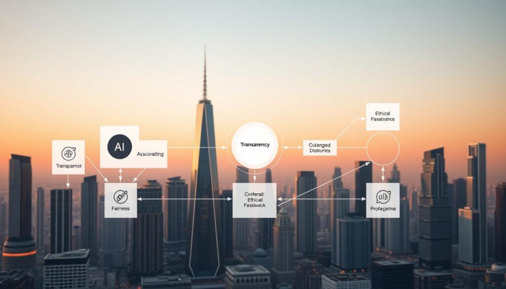 Detailed Architectural Diagram Of An Ethical Ai Framework, Rendered In A Clean, Minimalistic Style. The Foreground Depicts Various Interconnected Modules Representing Core Ethical Principles Like Transparency, Accountability, And Fairness. The Middle Ground Showcases Dynamic Data Flows And Feedback Loops, Symbolizing The Adaptive Nature Of The Framework. In The Background, A Sleek, Futuristic Cityscape With Towering Skyscrapers Bathed In Warm, Diffused Lighting Sets The Scene. Crisp Shadows And Reflections Create A Sense Of Depth And Sophistication. The Overall Mood Is One Of Technological Advancement Guided By Strong Moral Foundations.