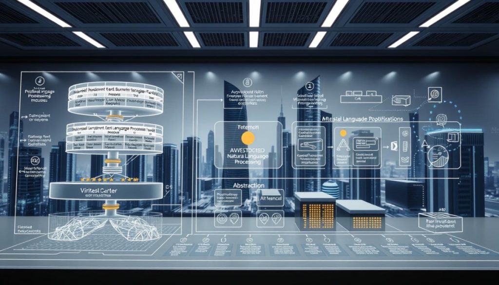 Detailed Architectural Diagram Showcasing Innovative Text Summarization Techniques. Foreground Depicts Advanced Natural Language Processing Models, Their Intricate Layers, And Data Flow. Midground Features Visualizations Of Key Algorithmic Steps - Tokenization, Encoding, Extraction, Abstraction. Background Shows A Sleek, Modern Technology Landscape With High-Rises, Data Centers, And Ai Infrastructure. Lighting Is Crisp And Evenly Distributed, Highlighting The Technical Sophistication. Captured With A Wide-Angle Lens To Convey The Scope And Scale Of The Subject Matter. The Overall Mood Is One Of Cutting-Edge Innovation In The Field Of Content Summarization.