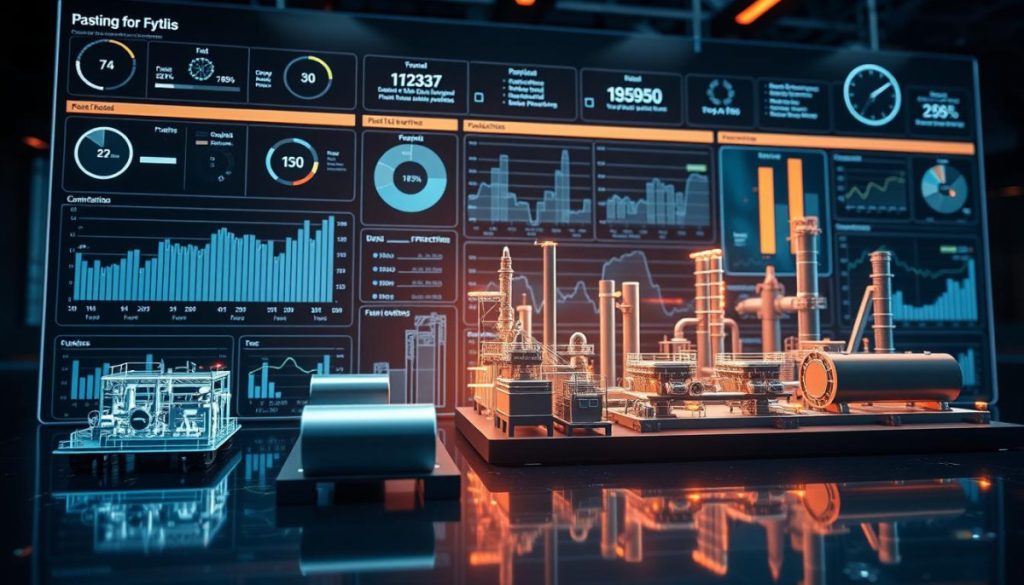 Detailed Data Analytics Dashboard Showcasing Complex Industry-Specific Metrics And Insights. Sleek, Futuristic Interface With A Minimalist Aesthetic. Holograms And Interactive Visualizations Floating Above A Dark, Reflective Desktop. Precise, High-Resolution 3D Models Of Factory Equipment And Supply Chain Logistics. Warm, Focused Lighting Accentuates The Crisp, Technical Details. Cinematic Camera Angle Captures The Immersive, State-Of-The-Art Data Analysis Experience.