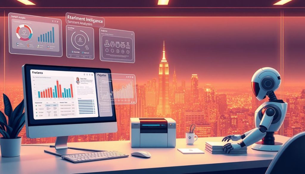 Detailed Digital Illustration Of A Futuristic Workspace Showcasing A Variety Of Ai-Powered Media Relations Tools. In The Foreground, A Sleek Desktop Computer Displays Data Analytics And Sentiment Analysis Dashboards. Floating Holographic Interfaces Present Intelligent Outreach Recommendations And Personalized Reporter Profiles. In The Middle Ground, A 3D Printer Fabricates Customized Press Kits, While An Autonomous Robot Organizes And Labels Physical Materials. The Background Features A Panoramic City Skyline Illuminated By Warm, Directional Lighting That Creates A Professional, High-Tech Atmosphere. Crisp, Photorealistic Rendering With A Clean, Minimal Aesthetic. Detailed Digital Illustration Of A Futuristic Workspace Showcasing A Variety Of Ai-Powered Media Relations Tools. In The Foreground, A Sleek Desktop Computer Displays Data Analytics And Sentiment Analysis Dashboards. Floating Holographic Interfaces Present Intelligent Outreach Recommendations And Personalized Reporter Profiles. In The Middle Ground, A 3D Printer Fabricates Customized Press Kits, While An Autonomous Robot Organizes And Labels Physical Materials. The Background Features A Panoramic City Skyline Illuminated By Warm, Directional Lighting That Creates A Professional, High-Tech Atmosphere. Crisp, Photorealistic Rendering With A Clean, Minimal Aesthetic.