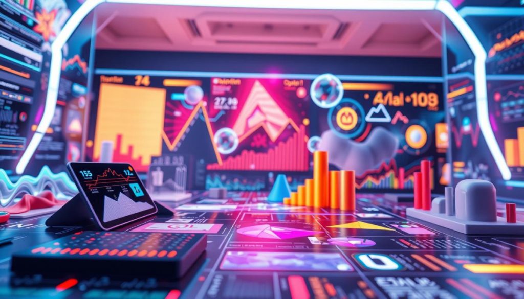 Detailed Digital Illustration Of An Interactive Infographic Showcasing Visual Storytelling. Bright, Clean, And Modern Aesthetic. In The Foreground, A Dynamic Data Visualization With Tactile Ui Elements And Vibrant Color Palette. The Middle Ground Features Immersive 3D Scenes And Infographic Charts That Bring The Data To Life. In The Background, Abstract Shapes And Geometric Patterns Create A Visually Engaging, High-Tech Atmosphere. Cinematic Lighting With Soft Shadows And Highlights To Accentuate The Depth And Dimensionality. Shot With A Wide-Angle Lens To Capture The Full Scope Of The Interactive Experience. Overall, A Striking, Multi-Layered Image That Inspires And Captivates The Viewer.