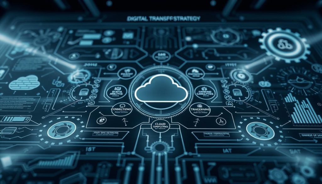 Detailed Digital Transformation Strategy Blueprint, Rendered In A Sleek, Futuristic Style. Prominent Central Diagram Depicting Interconnected Technologies Like Cloud Computing, Big Data Analytics, Ai, And Iot, Surrounded By Supporting Elements - Gears, Circuits, And Data Visualizations. Muted, High-Contrast Palette With Dramatic Lighting And Depth Of Field, Creating A Sense Of Sophistication And Innovation. Carefully Crafted Composition Guides The Viewer'S Eye, Highlighting The Comprehensive, Integrated Nature Of The Digital Transformation Process. Hypnotic, Smooth Textures And Reflective Surfaces Evoke The Cutting-Edge, Technological Theme.