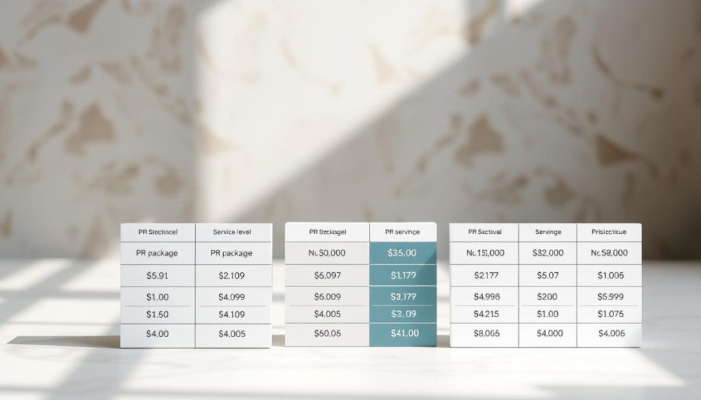 Detailed Financial Comparison Of Pr Service Pricing, Showcased In A Clean And Organized Layout. The Foreground Displays Various Pricing Tiers For Different Pr Packages, Presented In A Tabular Format With Clear Headers And Numerical Values. The Middle Ground Features A Minimalist Line Graph Visualizing The Relationship Between Service Level And Corresponding Costs. The Background Is A Softly Blurred, Neutral-Toned Surface, Allowing The Pricing Information To Be The Central Focus. Realistic Lighting Casts Subtle Shadows, Enhancing The Three-Dimensional Depth And Tangibility Of The Data Presentation. The Overall Mood Is Professional, Informative, And Data-Driven, Suitable For An Article On The Real-World Costs Of Digital Pr Services.