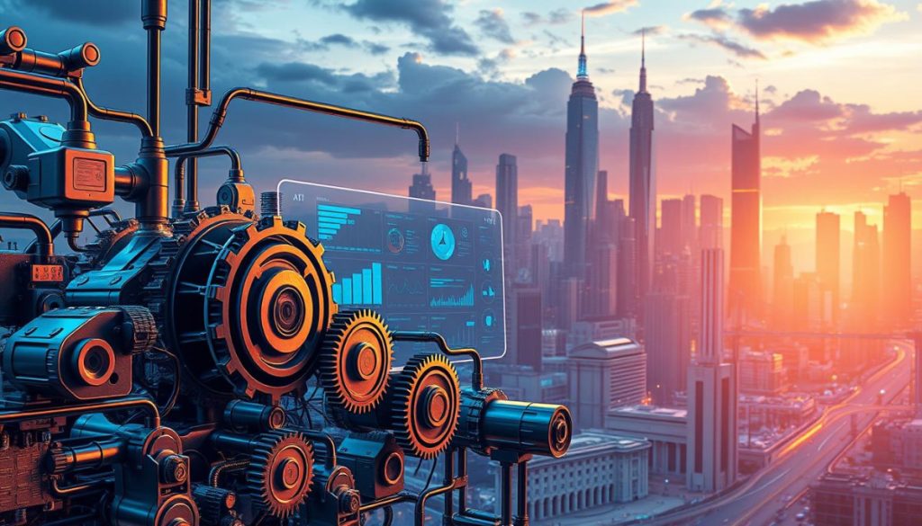 Detailed High-Tech Digital Illustration Of Ai Business Process Automation Components Against A Futuristic Backdrop. In The Foreground, An Array Of Interconnected Gears, Circuits, And Robotic Actuators Depicting The Core Mechanisms Of An Ai-Powered Automation System. In The Middle Ground, A Sleek Dashboard Interface With Data Visualizations And Control Panels. In The Background, A Cityscape Of Towering Skyscrapers And Technology Hubs, Bathed In A Warm, Ethereal Glow From The Setting Sun. The Overall Scene Conveys A Sense Of Advanced, Intelligent Automation Solutions Seamlessly Integrated Into A Modern, Technologically Advanced Business Environment.