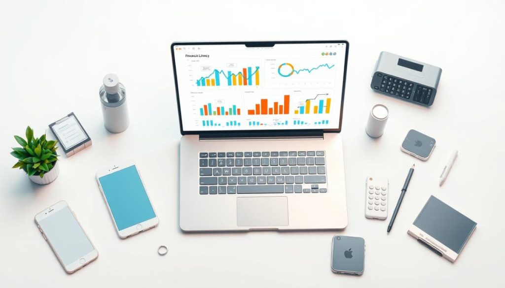 Detailed Illustration Of An Array Of Digital Tools And Resources For Financial Literacy, Presented In A Modern, Minimalist Style. A Sleek, Metallic-Toned Laptop Displaying Interactive Graphs And Charts Sits Atop A Clean, White Desk, Surrounded By Stylized Mobile Devices, Calculators, And Other Fintech Accessories. The Overall Composition Evokes A Sense Of Technological Sophistication And Digital Empowerment, Capturing The Essence Of Effective Financial Education In The Social Media Era.
