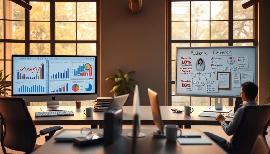 Detailed Scene Of A Professional Office Space, With Two Distinct Workstations Representing Market Research And Audience Research. The Market Research Side Features Graphs, Charts, And Data Visualizations On Computer Screens, While The Audience Research Side Showcases Consumer Personas, Survey Results, And User Feedback On Whiteboards And Notepads. Warm, Natural Lighting From Large Windows Casts A Subtle Glow, Creating A Thoughtful, Analytical Atmosphere. The Layout Emphasizes The Contrasting Approaches, Yet Hints At Their Complementary Nature Through Shared Elements Like Coffee Mugs And Office Supplies. Crisp, High-Resolution Rendering With A Depth Of Field That Draws The Viewer'S Attention To The Central Comparison.