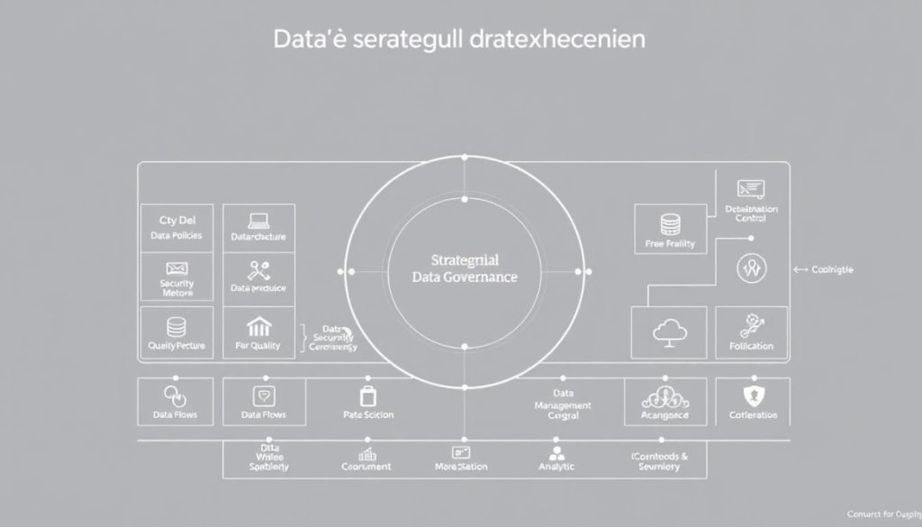 Detailed Schematic Illustration Of A Strategic Data Governance Framework, Featuring Interconnected Data Management Practices. A Sleek, Modern Interface Design With Clean Lines, Minimalist Icons, And A Neutral Color Palette. The Foreground Showcases The Core Components Of The Framework, Such As Data Policies, Data Architecture, And Data Quality Control, Arranged In A Clear, Hierarchical Structure. The Middle Ground Depicts Data Flows, Security Protocols, And Analytic Capabilities, While The Background Provides A Birds-Eye View Of The Enterprise-Wide Data Ecosystem. Rendered In A High-Resolution, Photorealistic Style With Soft, Diffused Lighting And A Subtle, Professional Tone To Convey The Importance Of Strategic Data Governance.