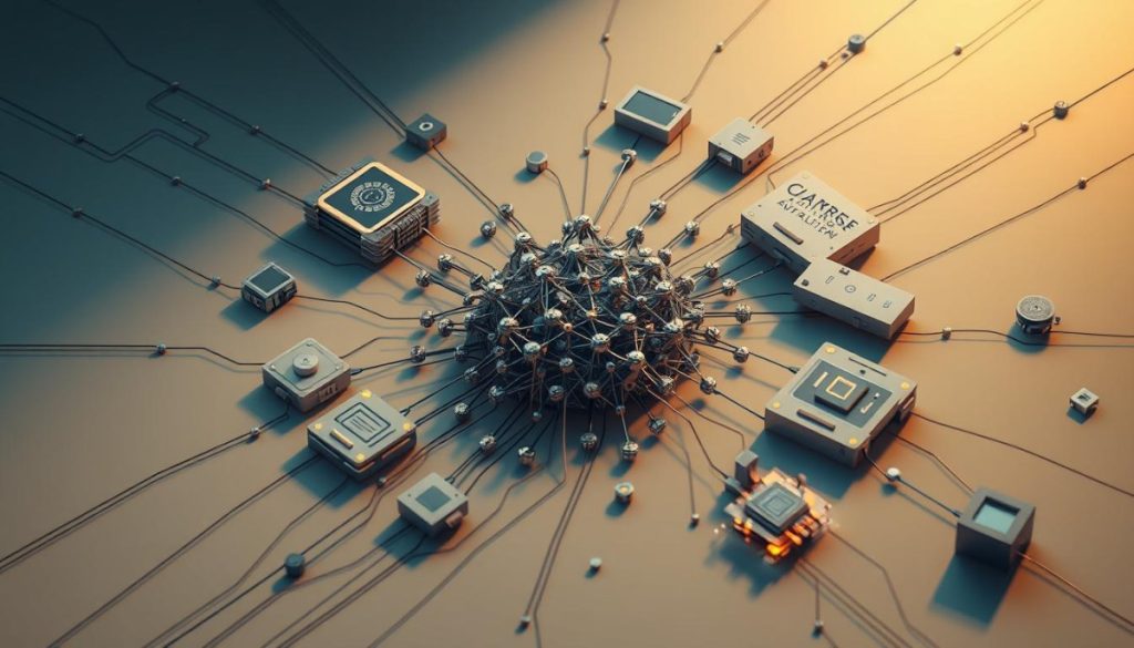 Detailed Schematic Illustration Of Autonomous Ai Components, Depicting A Central Neural Network Surrounded By Intricate Modules Representing Machine Learning Algorithms, Decision-Making Units, Sensor Arrays, And Data Processing Cores. Illuminated By Warm, Directional Lighting That Casts Subtle Shadows, Creating A Sense Of Depth And Technical Sophistication. Rendered In A Sleek, Minimalist Style With A Muted Color Palette Of Grays, Blues, And Metallic Accents To Convey The Advanced, Cutting-Edge Nature Of The System. The Overall Composition Emphasizes The Interconnectedness And Complexity Of The Autonomous Ai Architecture.