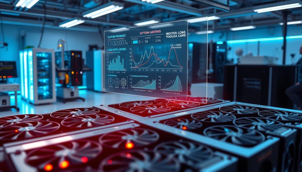 Detailed Schematic Of A Custom Ai Model Training Process. In The Foreground, A Cluster Of Gpus Diligently Processing Training Data, Their Fans Whirring With Intensity. In The Middle Ground, A Holographic Display Shows Visualizations Of Model Performance Metrics, Loss Curves, And Optimization Steps. The Background Depicts A Sleek, Modern Research Lab Filled With Sophisticated Equipment And Instruments, Bathed In A Cool, Azure Light. The Overall Atmosphere Conveys A Sense Of Precision, Innovation, And A Relentless Pursuit Of Tailored Ai Solutions To Address Specific Business Challenges.