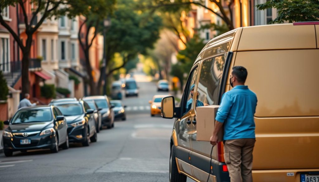 Detailed Urban Street Scene With A Delivery Van In The Foreground, Its Driver Interacting With A Customer At Their Doorstep. Warm Afternoon Lighting, Crisp And Realistic Textures, High Depth Of Field. Lively Neighborhood In The Background With Pedestrians, Parked Cars, And Well-Maintained Residential Architecture. Convey A Sense Of Efficiency, Care, And Positive Customer Engagement In The Delivery Experience.