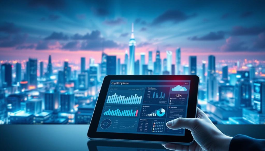 Digital Strategy Compliance: A Hyper-Realistic, Dynamic Composition Showcasing A Corporate Digital Ecosystem. In The Foreground, A Sleek Tablet Device Displays Interactive Compliance Dashboards, Data Analytics, And Ai-Powered Risk Mitigation Tools. The Middle Ground Features A Network Of Connected Devices, Servers, And Cloud Infrastructure, Illuminated By A Cool, Futuristic Lighting Scheme. In The Background, A Cityscape Of Towering Skyscrapers And Data Centers Symbolizes The Scale And Complexity Of Modern Digital Environments. The Entire Scene Conveys A Sense Of Control, Security, And Technological Sophistication, Reflecting The Importance Of Comprehensive Ai Risk Categorization For Business Growth In Today'S Digital Landscape.