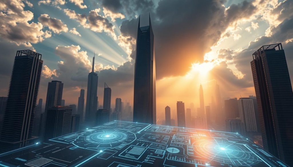 Dramatic And Impactful Digital Growth Solutions Emerge From A Sleek, Futuristic Cityscape, With Towering Skyscrapers And Vast Infrastructure. Rays Of Light Pierce Through The Clouds, Casting An Ethereal Glow Over The Scene. In The Foreground, A Holographic Interface Displays Intricate Data Visualizations And Strategic Insights, Guiding The Viewer Towards A Vision Of Empowered Digital Transformation. The Composition Evokes A Sense Of Progress, Innovation, And The Boundless Potential Of Technology-Driven Growth. Captured With A Wide-Angle Lens And Cinematic Lighting, The Image Conveys The Scale And Grandeur Of Empathy First Media'S Strategic Digital Growth Approach.