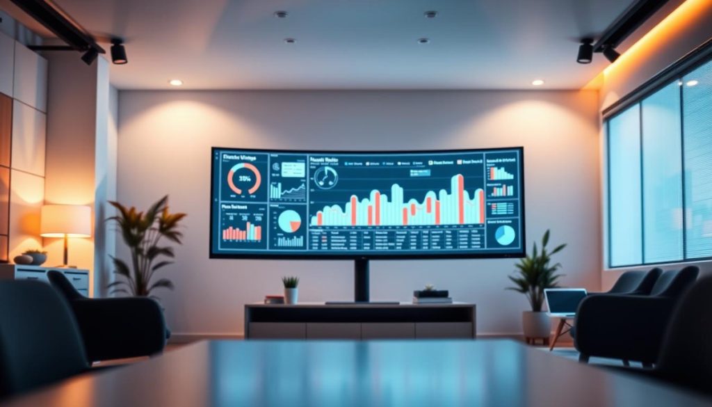Elegant Digital Presence Assessment, Showcasing A Sleek, Minimalist Office Setting With A Modern, Tech-Savvy Aesthetic. The Scene Features A Large, Curved Ultrawide Monitor Displaying A Visually Captivating Data Visualization Dashboard, Its Intricate Graphs And Charts Illuminating The Power Of Digital Insights. Soft, Directional Lighting Bathes The Scene In A Warm, Inviting Glow, Creating A Sense Of Professionalism And Innovation. The Camera Angle Is Slightly Elevated, Conveying A Sense Of Authority And Expertise, While The Depth Of Field Blur Subtly Frames The Focal Point, Drawing The Viewer'S Eye To The Central Display. The Overall Mood Is One Of Sophistication, Efficiency, And Technological Prowess, Perfectly Embodying The &Quot;Elevate Your Digital Presence&Quot; Theme.