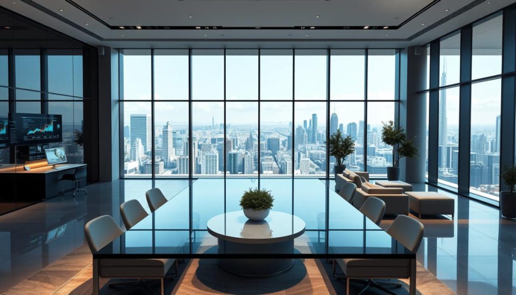 Elegant Digital Workspace In A Sleek, Modern Office Setting. A Large Glass-Walled Conference Room Dominates The Foreground, Filled With Sophisticated Technology - Holographic Displays, Interactive Whiteboards, And Minimalist Workstations. The Middle Ground Features A Tasteful Lounge Area With Plush Furniture And Soft Lighting, While The Background Showcases A Panoramic City Skyline Visible Through Floor-To-Ceiling Windows. The Overall Atmosphere Exudes An Air Of Innovation, Collaboration, And Cutting-Edge Technology, Capturing The Essence Of Tailored Digital Solutions.