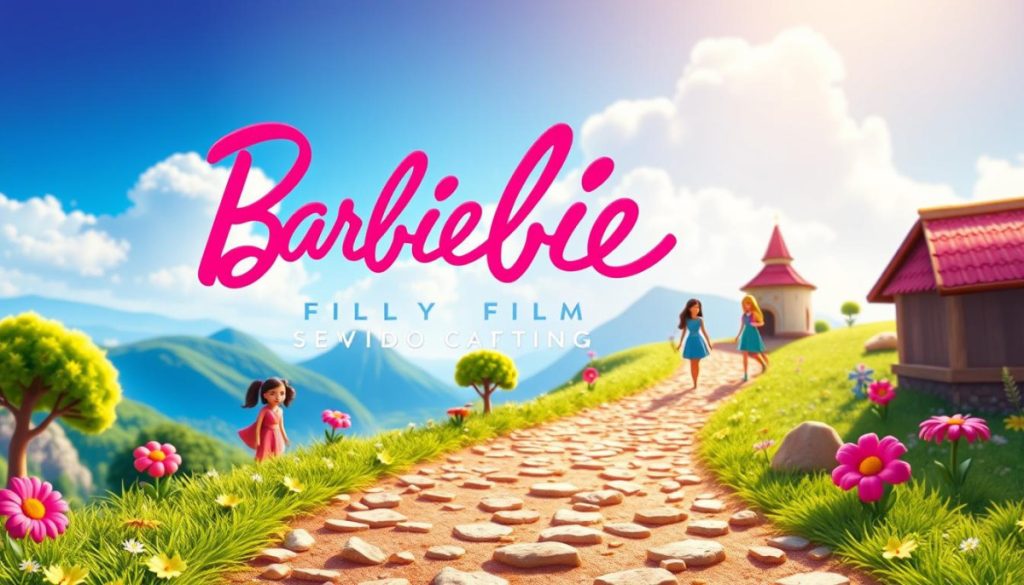 Generate An Image Of A Barbie Movie Poster With A Breadcrumb Trail Leading To The Title.