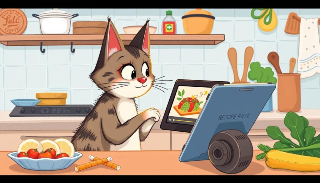 Generate An Image Of A Cat Watching A Recipe Video On A Tablet