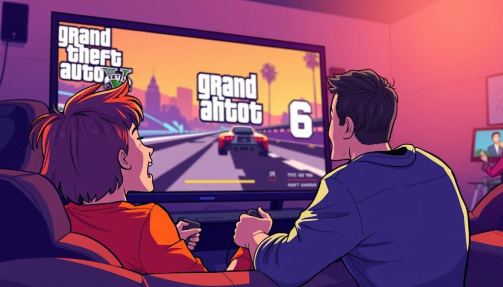 Generate An Image Of A Gamer Excitedly Watching A Trailer For Grand Theft Auto6 On A Large Screen.