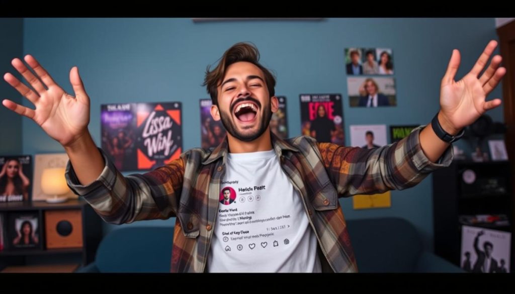 Generate An Image Of A Person Sharing Their Spotify Wrapped Results On Social Media.