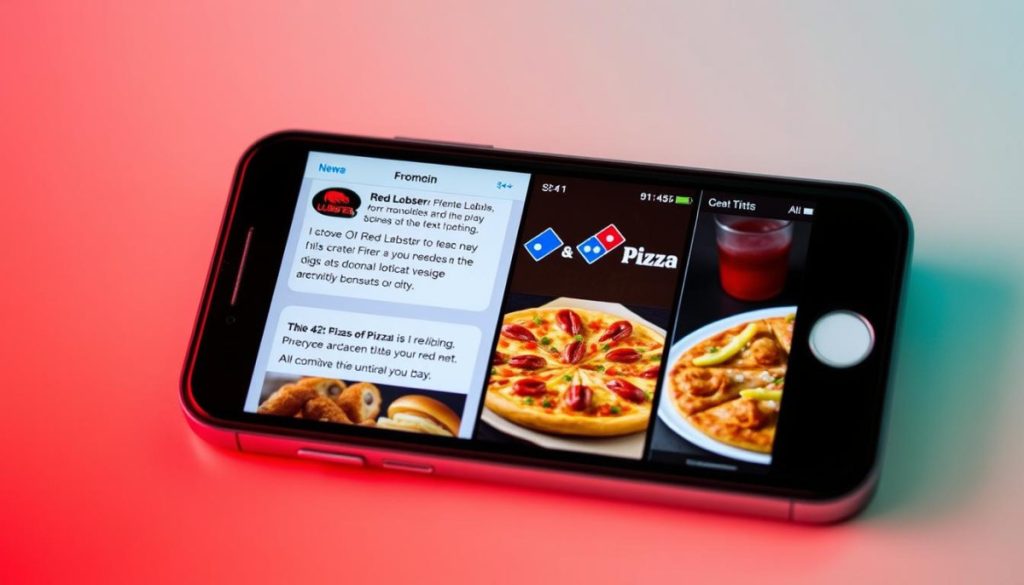 Generate An Image Of A Smartphone Displaying An Sms Marketing Campaign From Red Lobster Or Domino'S Pizza.