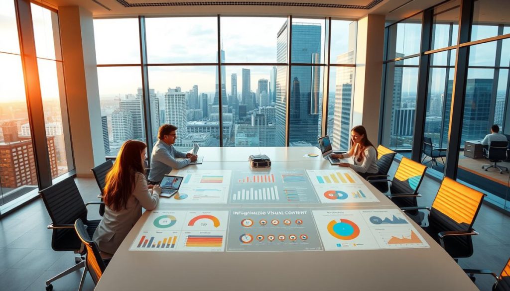 High-Resolution Panoramic Image Of A Bright And Modern Office Space With Floor-To-Ceiling Windows Overlooking A Cityscape. In The Foreground, A Team Of Professionals Collaborating Around A Large Conference Table, Using Various Digital Devices And Visual Aids. The Middle Ground Features Infographics, Charts, And Interactive Displays Showcasing The Key Benefits Of Optimized Visual Content, Such As Improved User Engagement, Higher Search Engine Rankings, And More Effective Marketing Campaigns. The Background Blends The Urban Skyline With A Soft, Warm Lighting That Creates A Productive And Innovative Atmosphere.