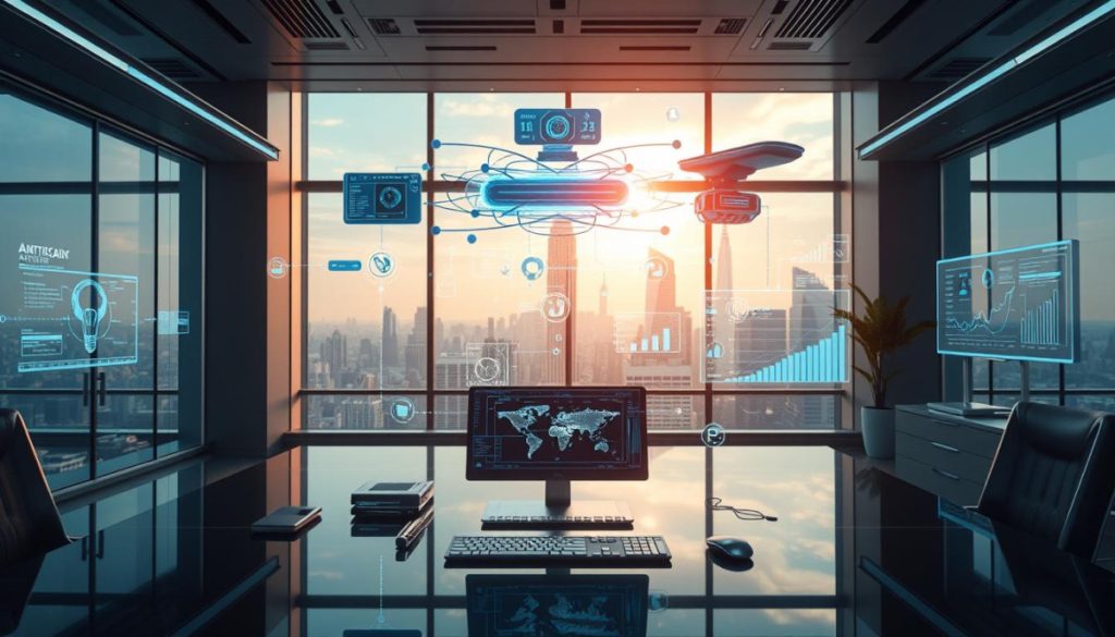 High-Tech Digital Transformation Ai Tools Depicted In A Hyperrealistic Futuristic Office Setting. Foreground Features An Array Of Sleek, Interconnected Devices And Interfaces Hovering Above A Polished Desk. Midground Showcases Holographic Data Visualizations And Ai-Powered Analytics Dashboards. Background Reveals A Panoramic City Skyline Seen Through Expansive Windows, Hinting At The Global Scale Of Digital Transformation. Dramatic Lighting Casts Dynamic Shadows, Creating A Sense Of Depth And Technological Sophistication. The Overall Scene Conveys A Mood Of Innovation, Productivity, And The Seamless Integration Of Artificial Intelligence Into Modern Business.