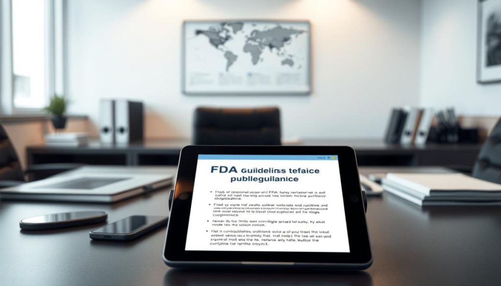 Highly Detailed, Realistic Image Of The Fda'S Social Media Compliance Guidelines, Captured In A Clean, Professional Style. In The Foreground, A Meticulously Rendered Tablet Displaying The Guidelines, With A Minimalist, Clinical Interface. The Middle Ground Features A Desk With A Laptop, Smartphone, And Other Office Supplies, All Lit By Soft, Directional Lighting. The Background Showcases A Neutral, Yet Sophisticated Office Environment, With Subtle Textures And Muted Colors. The Overall Mood Is One Of Authority, Clarity, And Attention To Regulatory Detail, Reflecting The Importance Of Adhering To The Fda'S Guidelines In Healthcare Public Relations.