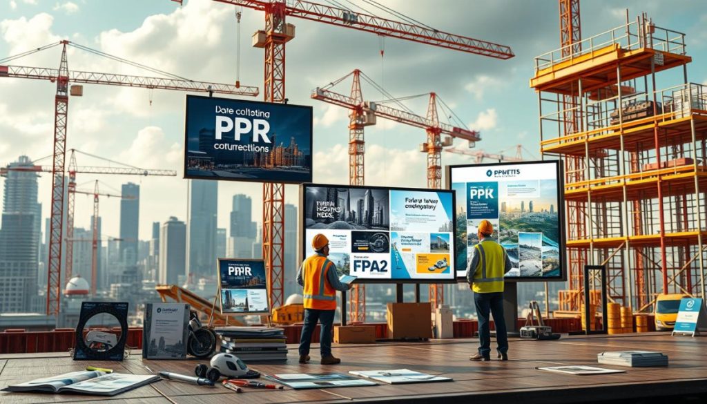 Hyperrealistic Construction Site Showcasing Eye-Catching Pr Campaign Examples. In The Foreground, Various Media Materials Are Displayed - Brochures, Posters, And Digital Screens Promoting The Company'S Latest Projects. The Middle Ground Features Construction Workers Interacting With The Pr Content, Capturing The Essence Of An Integrated Marketing Strategy. The Background Depicts A Bustling Urban Landscape With Towering Cranes And Scaffolding, Setting The Scene For This Impactful Visual Pr Showcase. Lighting Is Warm And Inviting, With A Sense Of Professionalism And Innovation Permeating The Entire Composition.