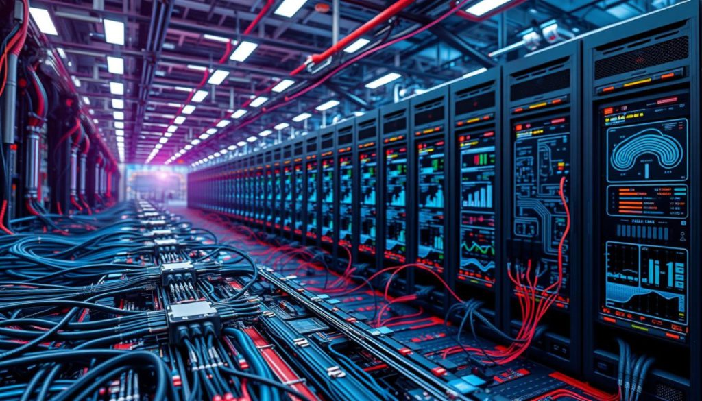 Hyperrealistic Data Integration Solutions With Intricate Circuits, Sleek Metallic Interfaces, And A Vibrant Color Palette. The Foreground Showcases A Seamless Integration Of Data Flow, With Cables And Connectors Intertwined In A Harmonious Layout. The Middle Ground Features Ai-Powered Algorithms And Analytical Dashboards, Highlighting The Technological Complexity. In The Background, A Vast Network Of Servers And Cloud Infrastructure Provides The Foundation For These Advanced Data Solutions. Lighting Is Crisp And Directional, Emphasizing The Precision And Sophistication Of The Scene. The Overall Atmosphere Conveys A Sense Of Innovation, Efficiency, And The Transformative Power Of Supply Chain Ai Agents.