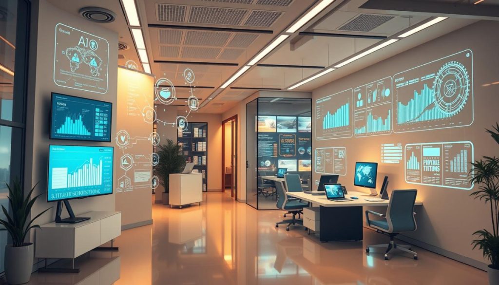 Hyperrealistic Rendering Of Cutting-Edge Marketing Technology Advancements In A Modern Business Environment. Showcase A Vibrant, Dynamic Scene With Various Ai-Powered Digital Devices, Interactive Displays, And Data Visualization Tools Seamlessly Integrated Into A Sleek, Minimalist Office Setting. Warm, Natural Lighting Illuminates The Space, Highlighting The State-Of-The-Art Hardware And Software Solutions That Empower Real-Time Decision-Making. Emphasize The Smooth Integration Of These Advanced Technologies, Conveying A Sense Of Efficiency, Productivity, And The Transformative Power Of Ai In The Modern Business Landscape. Hyperrealistic Rendering Of Cutting-Edge Marketing Technology Advancements In A Modern Business Environment. Showcase A Vibrant, Dynamic Scene With Various Ai-Powered Digital Devices, Interactive Displays, And Data Visualization Tools Seamlessly Integrated Into A Sleek, Minimalist Office Setting. Warm, Natural Lighting Illuminates The Space, Highlighting The State-Of-The-Art Hardware And Software Solutions That Empower Real-Time Decision-Making. Emphasize The Smooth Integration Of These Advanced Technologies, Conveying A Sense Of Efficiency, Productivity, And The Transformative Power Of Ai In The Modern Business Landscape.