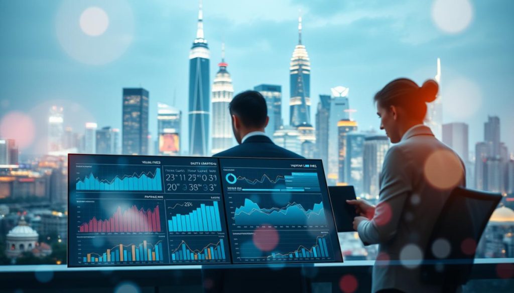 Imagine A Dynamic, Data-Driven Marketing Landscape. In The Foreground, A Digital Dashboard Displays Meticulously Curated Analytics, Visualizing Key Performance Metrics. Behind It, A Team Of Analysts Pores Over Insights, Formulating Strategic Decisions. In The Background, A Vibrant Cityscape With Towering Skyscrapers Symbolizes The Scale And Complexity Of The Modern Marketing Ecosystem. Soft, Diffused Lighting Casts An Ethereal Glow, Evoking A Sense Of Precision And Innovation. The Composition Conveys A Harmonious Blend Of Technology, Human Expertise, And The Relentless Pursuit Of Data-Driven Success.