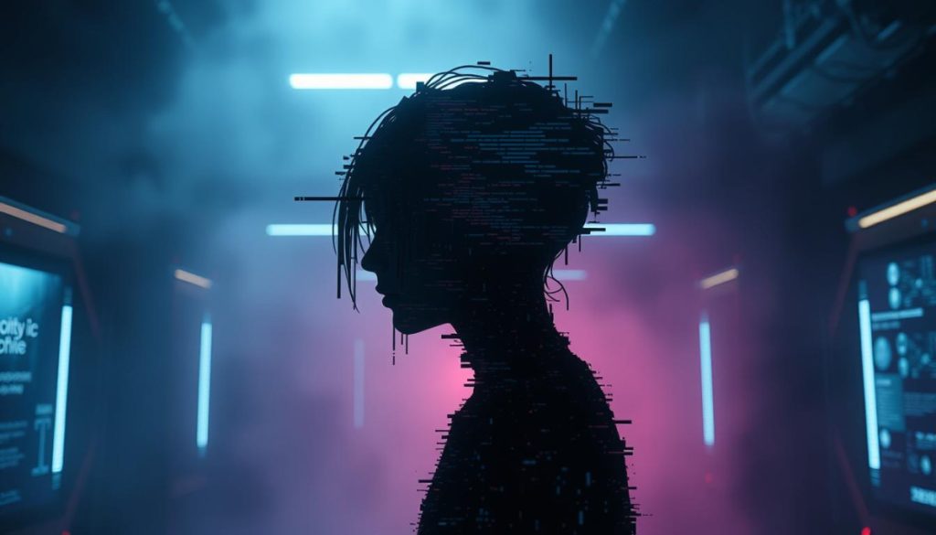 In A Dimly Lit, Futuristic Setting, A Figure Composed Of Digital Glitches And Distorted Pixels Emerges, Symbolizing The Risks Of Synthetic Media. The Environment Is Shrouded In A Hazy, Unsettling Atmosphere, With Subtle Hints Of Technological Interference Casting An Ominous Glow. The Figure'S Form Is A Haunting Amalgamation Of Recognizable Features And Uncanny, Unnatural Elements, Evoking A Sense Of Unease And The Potential For Deception. Intricate Details And Textures Suggest The Complex And Multifaceted Nature Of Synthetic Media, Blurring The Line Between Reality And Fabrication. The Overall Scene Conveys A Cautionary Tale, Highlighting The Need For Digital Content Authentication In An Era Where The Authenticity Of Information Is Increasingly Challenged.