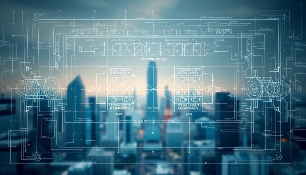 Intricate Architectural Blueprint Of A Chunking Strategy, Rendered In A High-Resolution, Technical Style. The Foreground Features A Detailed Diagram Showcasing The Systematic Division Of A Large-Scale Ai Model Into Smaller, Manageable Chunks. The Middle Ground Depicts The Flow Of Data And Computational Processes Between These Chunked Segments, Highlighted By Precise Lines And Geometric Shapes. In The Background, A Softly Blurred Cityscape Provides A Sense Of Scale And Context, Alluding To The Real-World Applications Of This Optimization Technique. Crisp Lighting From Multiple Angles Accentuates The Technical Precision And Engineering Prowess Of This Innovative Ai Processing Approach.