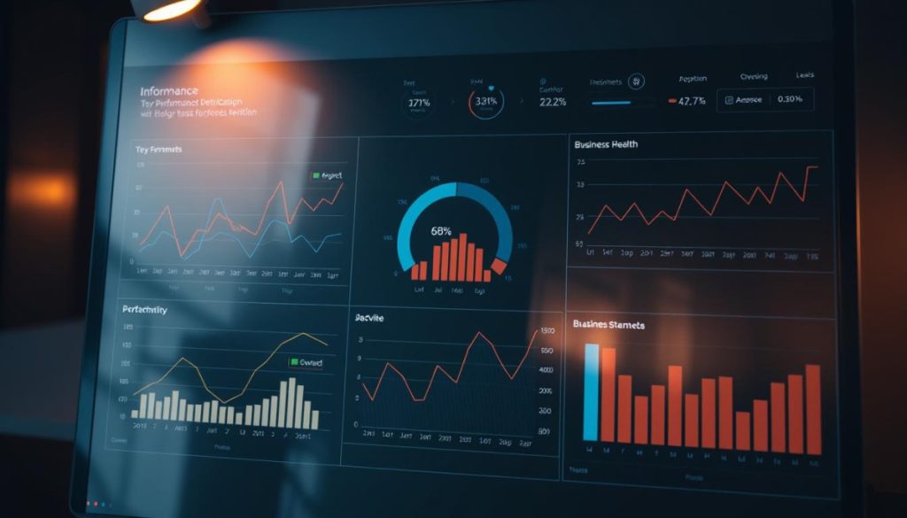 Performance Metrics Analysis Visualized In A Sleek, Modern Dashboard. Intricate Line Graphs And Bar Charts Display Key Performance Indicators Against Target Benchmarks, With A Central Infographic Highlighting Overall Business Health. Warm, Directional Lighting Casts A Professional, Analytical Atmosphere, While A Minimalist Background Emphasizes The Data-Driven Insights. Subtle Gradients And Clean Typography Complement The Sophisticated, Data-Driven Aesthetic. The Dashboard Conveys A Sense Of Progress, Growth, And Data-Driven Decision Making, Perfectly Capturing The &Quot;Establishing Robust Performance Metrics&Quot; Theme.