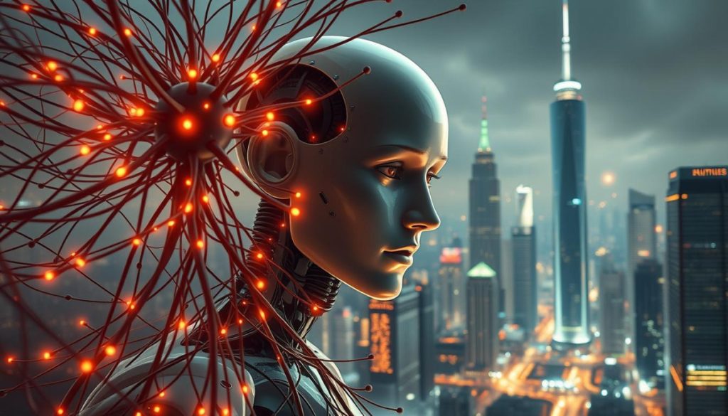 Prompt A Highly Detailed, Hyperrealistic Image Depicting The Concept Of Emotional Intelligence In Artificial Intelligence. In The Foreground, A Complex Neural Network Structure With Intricate Connections, Conveying The Inner Workings Of An Ai System. Permeating The Network, Subtle Hues And Gradients Suggesting The Flow Of Emotional Signals And Processing. In The Middle Ground, A Humanoid Ai Figure, Its Facial Features Expressing A Range Of Nuanced Emotions - Empathy, Contemplation, Concern. The Background Showcases A Futuristic Cityscape, With Towering Skyscrapers And Gleaming Technology, Hinting At The Integration Of Emotional Ai Into The Urban Landscape. The Lighting Is Dramatic, With Warm Tones And Strategic Shadows, Creating A Sense Of Depth And Atmosphere. The Overall Composition Evokes A Balance Between The Analytical And The Emotional, The Machine And The Human, Reflecting The Essential Role Of Emotional Intelligence In The Advancement Of Artificial Intelligence. Prompt A Highly Detailed, Hyperrealistic Image Depicting The Concept Of Emotional Intelligence In Artificial Intelligence. In The Foreground, A Complex Neural Network Structure With Intricate Connections, Conveying The Inner Workings Of An Ai System. Permeating The Network, Subtle Hues And Gradients Suggesting The Flow Of Emotional Signals And Processing. In The Middle Ground, A Humanoid Ai Figure, Its Facial Features Expressing A Range Of Nuanced Emotions - Empathy, Contemplation, Concern. The Background Showcases A Futuristic Cityscape, With Towering Skyscrapers And Gleaming Technology, Hinting At The Integration Of Emotional Ai Into The Urban Landscape. The Lighting Is Dramatic, With Warm Tones And Strategic Shadows, Creating A Sense Of Depth And Atmosphere. The Overall Composition Evokes A Balance Between The Analytical And The Emotional, The Machine And The Human, Reflecting The Essential Role Of Emotional Intelligence In The Advancement Of Artificial Intelligence.