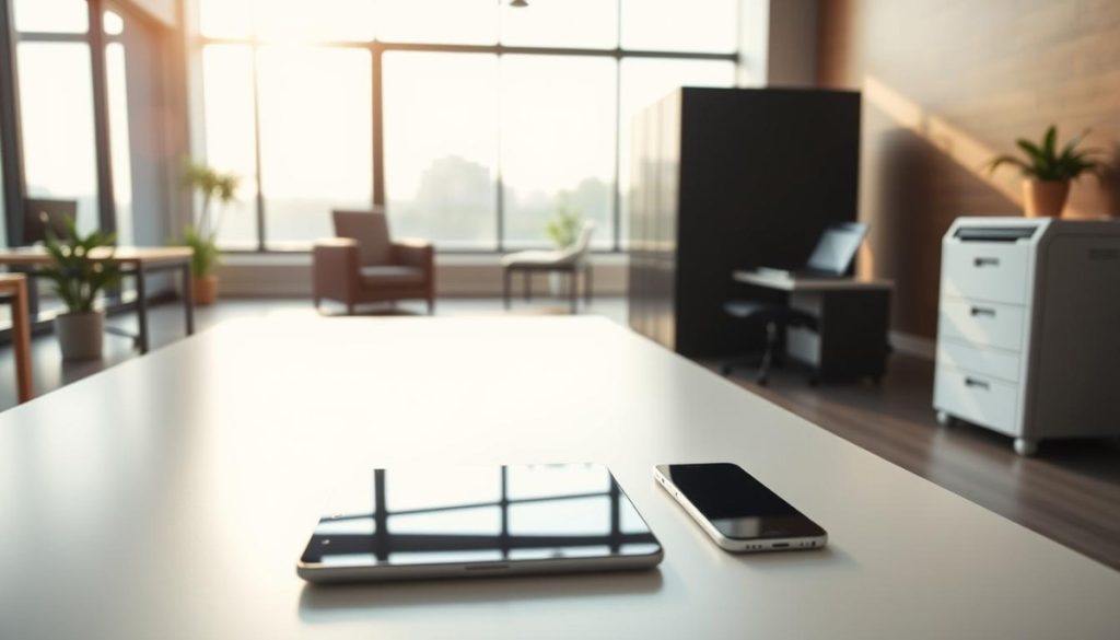 Sleek And Modern Office Space, Brimming With Efficiency. In The Foreground, A Minimalist Desk With A Tablet And Smartphone, Symbolizing Seamless Digital Workflows. The Middle Ground Features An Elegant Filing System And A High-Tech Printer, Indicating Automated Organization. The Background Showcases Large Windows, Allowing Natural Light To Flood The Room, Creating A Sense Of Open, Productive Energy. The Lighting Is Soft And Indirect, Casting A Warm Glow Over The Scene. The Camera Angle Is Slightly Elevated, Providing A Bird'S-Eye View Of The Harmonious, Technology-Driven Workspace. This Image Conveys The Essence Of Appointment Scheduling Automation - A Streamlined, Cutting-Edge Business Environment That Maximizes Productivity And Efficiency.