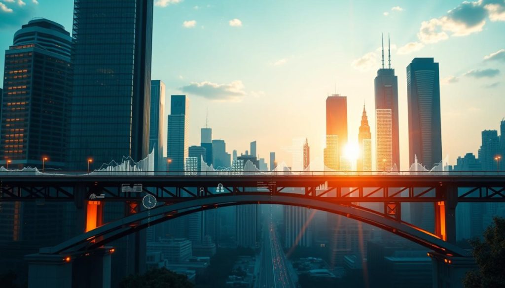 Vibrant, Hyperrealistic Cityscape With Towering Skyscrapers In The Background, Reflecting The Dynamic Nature Of Business Growth. In The Foreground, A Data Bridge Connects Two Distinct Domains, Symbolizing The Transition And Adaptation Process. Intricate Data Visualizations And Metrics Adorn The Bridge, Illuminated By Warm, Directional Lighting That Casts Long Shadows. The Scene Conveys A Sense Of Progress, Innovation, And The Seamless Integration Of Diverse Business Environments. The Overall Atmosphere Is One Of Transformation, Progress, And Opportunity.