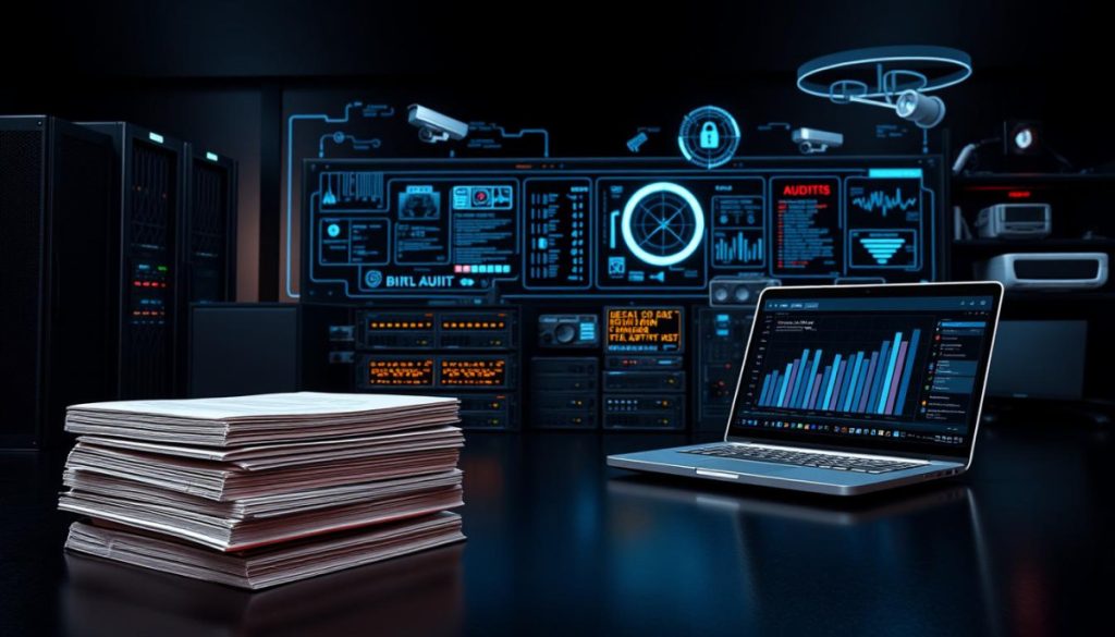 A Detailed, High-Resolution, Photorealistic Image Of Various Audit Logging System Components Arranged On A Sleek, Minimalist Black Background. In The Foreground, There Is A Stack Of Hardbound Log Books, A Server Rack With Blinking Lights, And An Open Laptop Displaying Real-Time Audit Data. In The Middle Ground, There Are Network Switches, Firewalls, And Security Cameras, All Meticulously Rendered. The Background Features A Futuristic Control Panel With Holographic Displays, Biometric Scanners, And Other Advanced Monitoring Equipment. The Lighting Is Dramatic, With Strong Shadows And Highlights That Emphasize The Technical Details. The Overall Atmosphere Conveys A Sense Of Security, Efficiency, And Technological Sophistication.