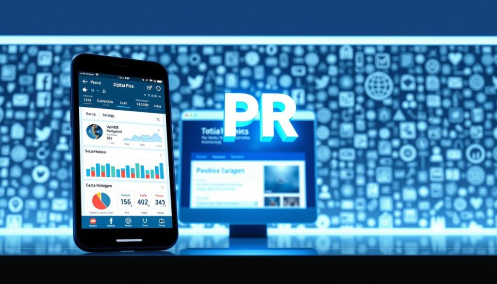 A Digital-First Pr Strategy With A Sleek, Modern Aesthetic. In The Foreground, A Smartphone Screen Displays A Social Media Dashboard, Showcasing Data Analytics And Engagement Metrics. The Middle Ground Features A Web Browser Window With A Well-Designed Brand Website, Complemented By A 3D-Rendered Company Logo That Appears To Float Ethereally. In The Background, A Matrix Of Digital Channels And Platforms - From Social Media Icons To Crm Software Interfaces - Creates A Sense Of Interconnectivity And The Integration Of Pr Efforts Across The Digital Landscape. The Lighting Is Crisp And Clean, With A Cool Color Palette That Evokes A Futuristic, Technology-Driven Atmosphere. The Overall Composition Conveys The Power Of Data-Driven, Omnichannel Pr Strategies To Drive Brand Growth In The Digital Age.